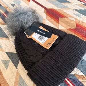 North face Gray Knit Beanie with Faux Fur Pom NWT